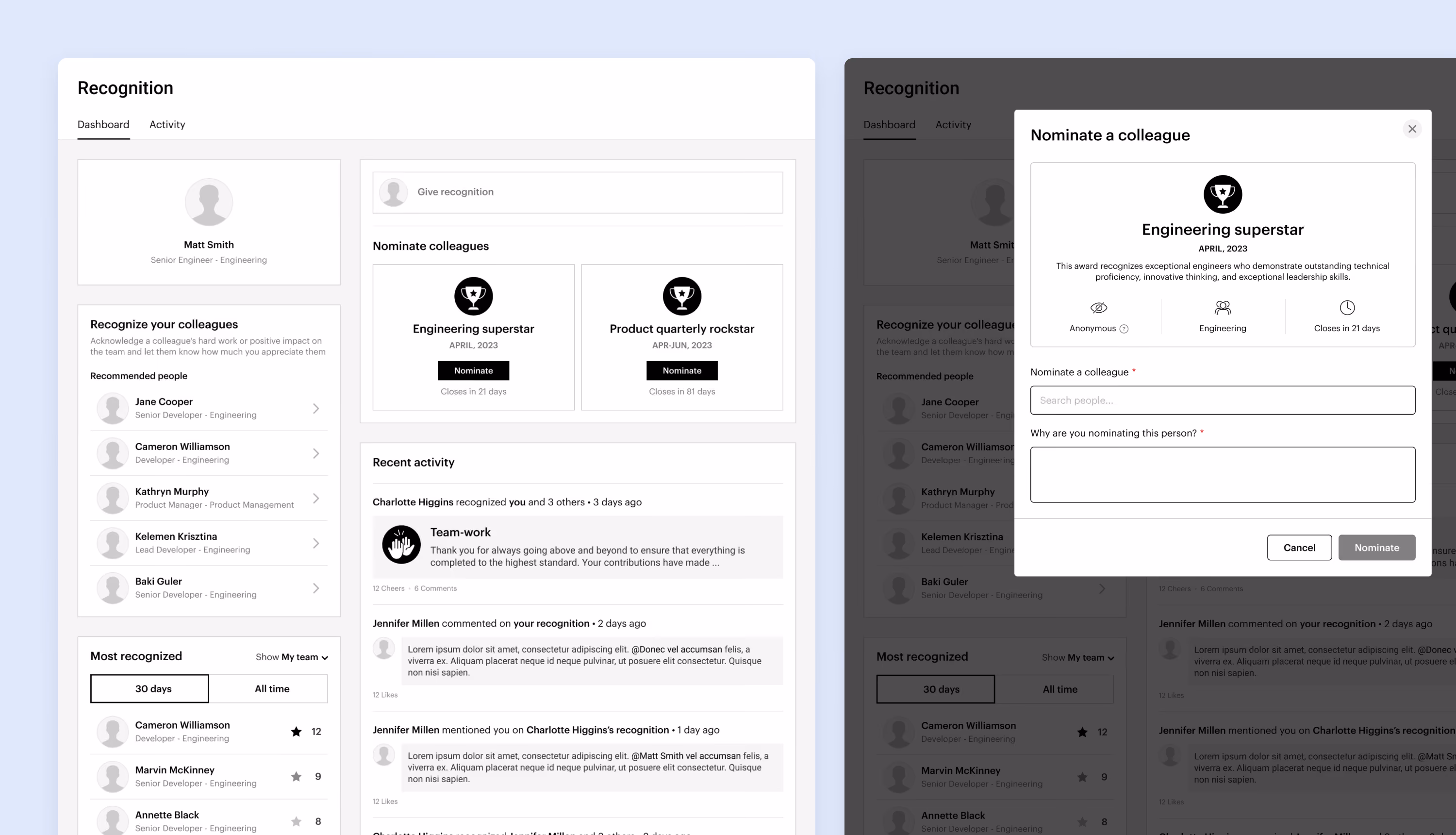 Wireframe designs for the recognition dashboard with award nomination cards and an open “Nominate a colleague” modal.