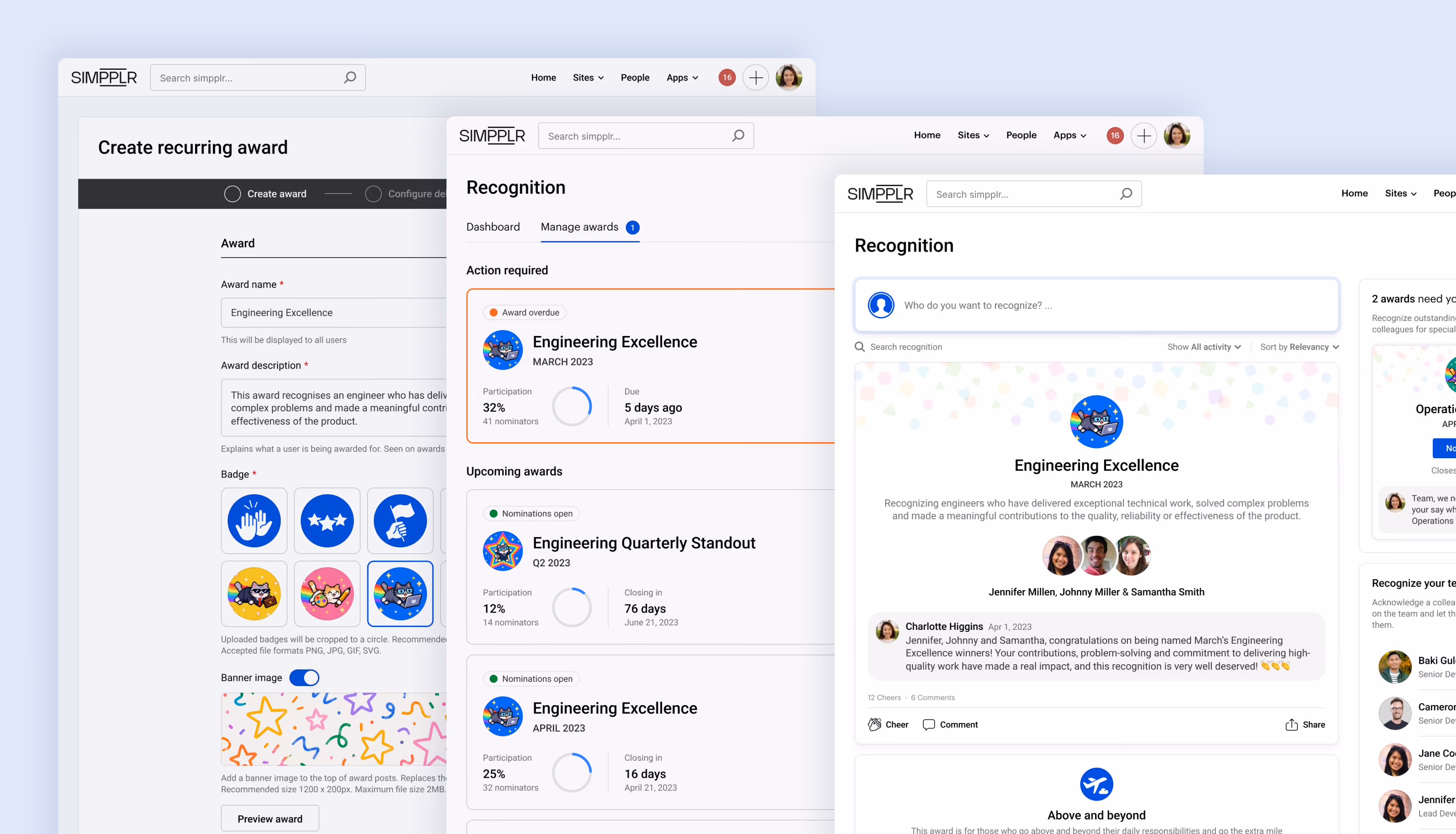 Composite view of creating, managing, and viewing recurring Engineering Excellence awards in Simpplr.