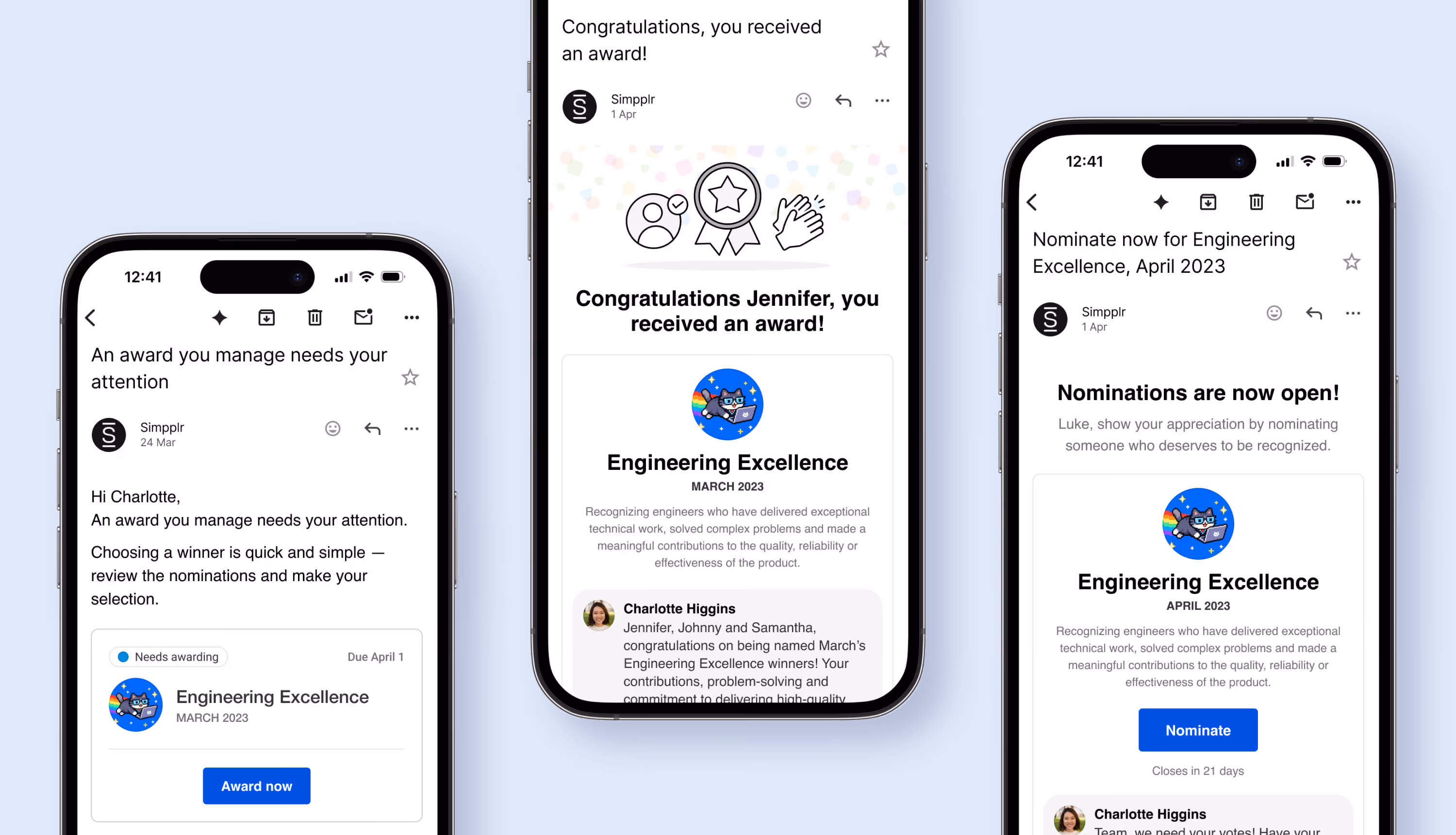 Three mobile email notifications for managing an award, receiving an award, and nominating a colleague.