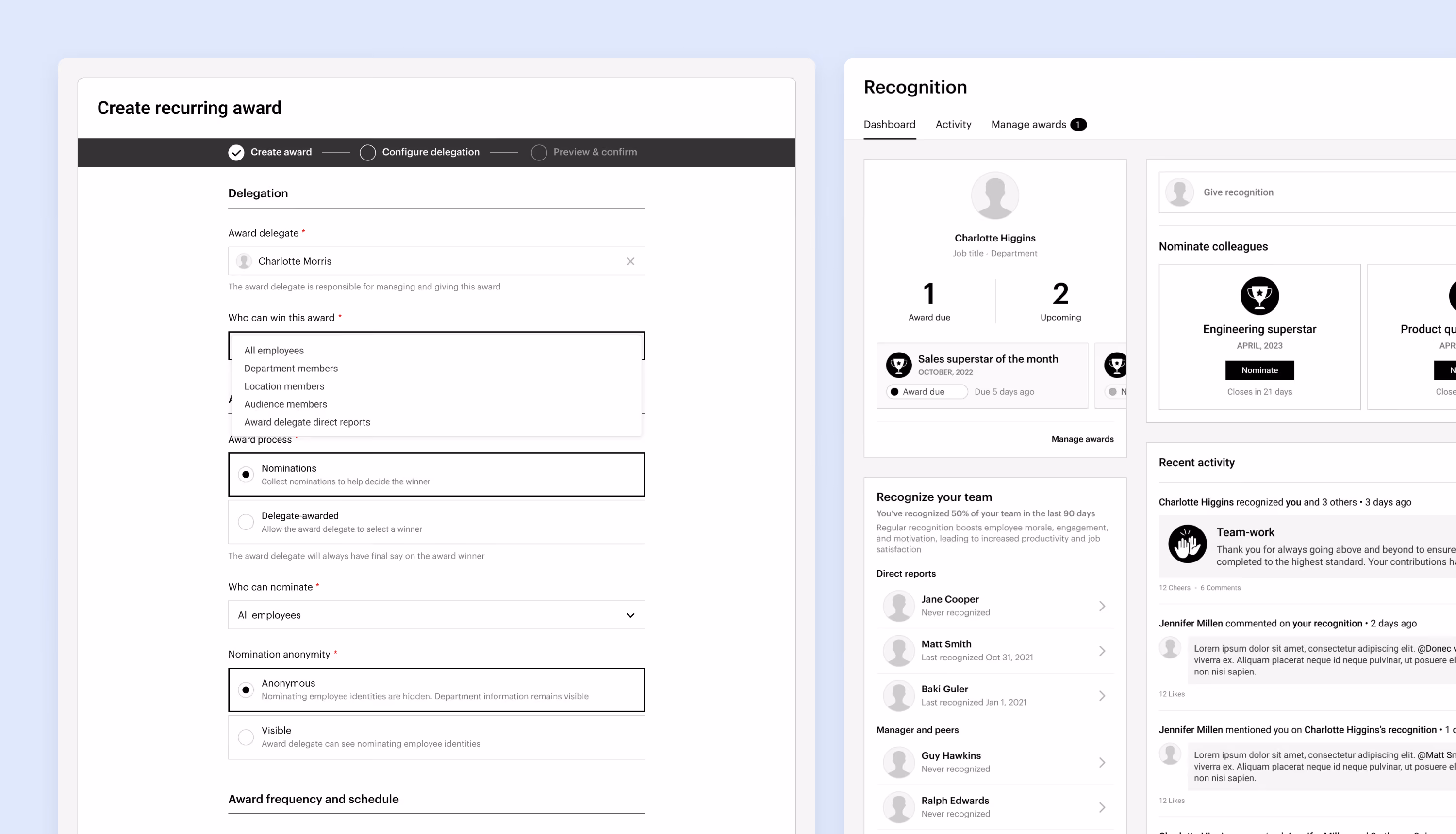 Wireframe designs for recurring award delegation settings beside a Recognition dashboard with due awards, nomination cards, and recent activity.ination cards, and activity.