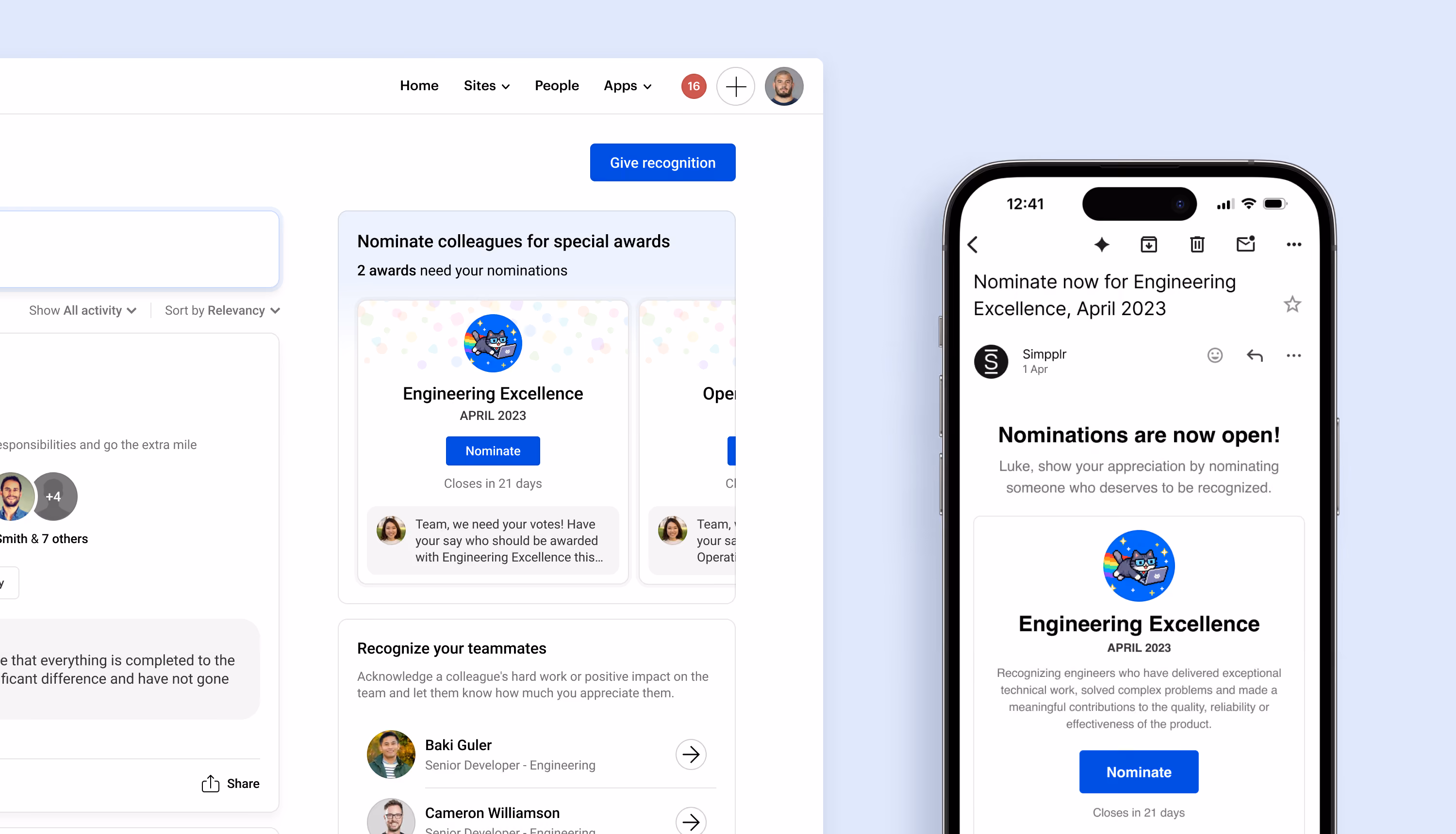Recognition dashboard and mobile email invite prompting employees to nominate colleagues for Engineering Excellence.