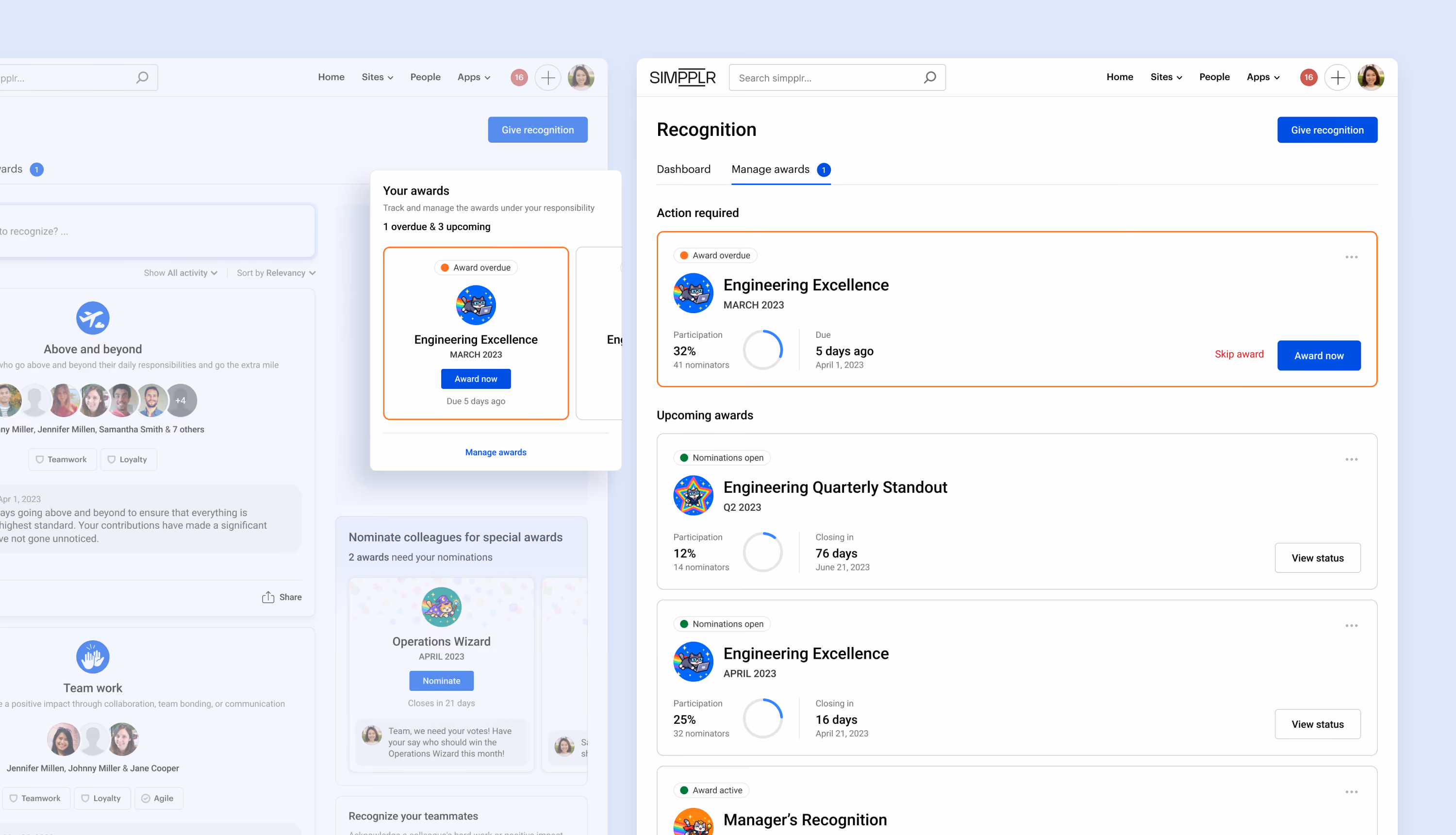 Recognition dashboard with an overdue award card and a detailed manage-awards view.
