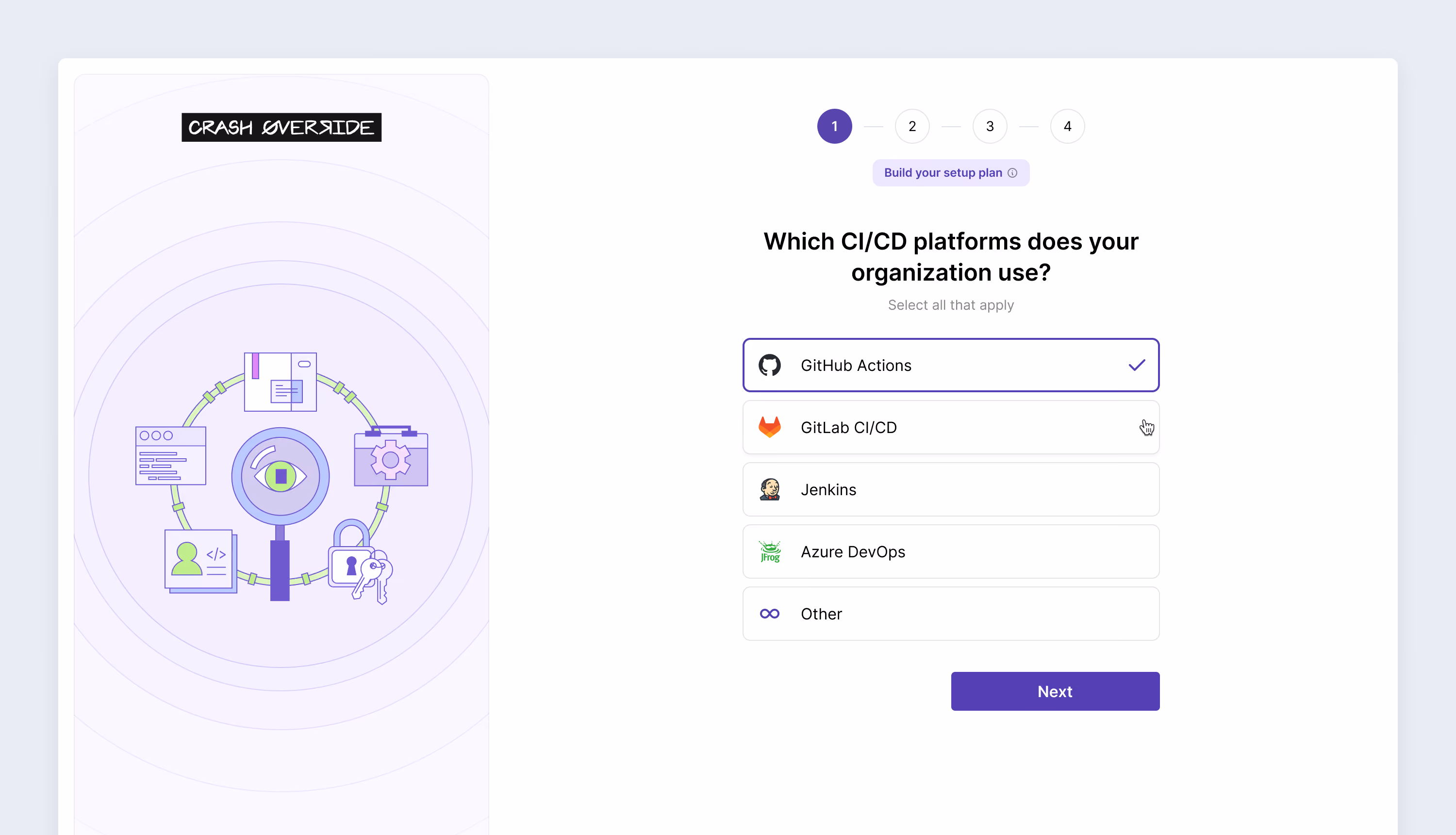 Setup-plan step asking which CI/CD platforms the organisation uses, with GitHub Actions selected.