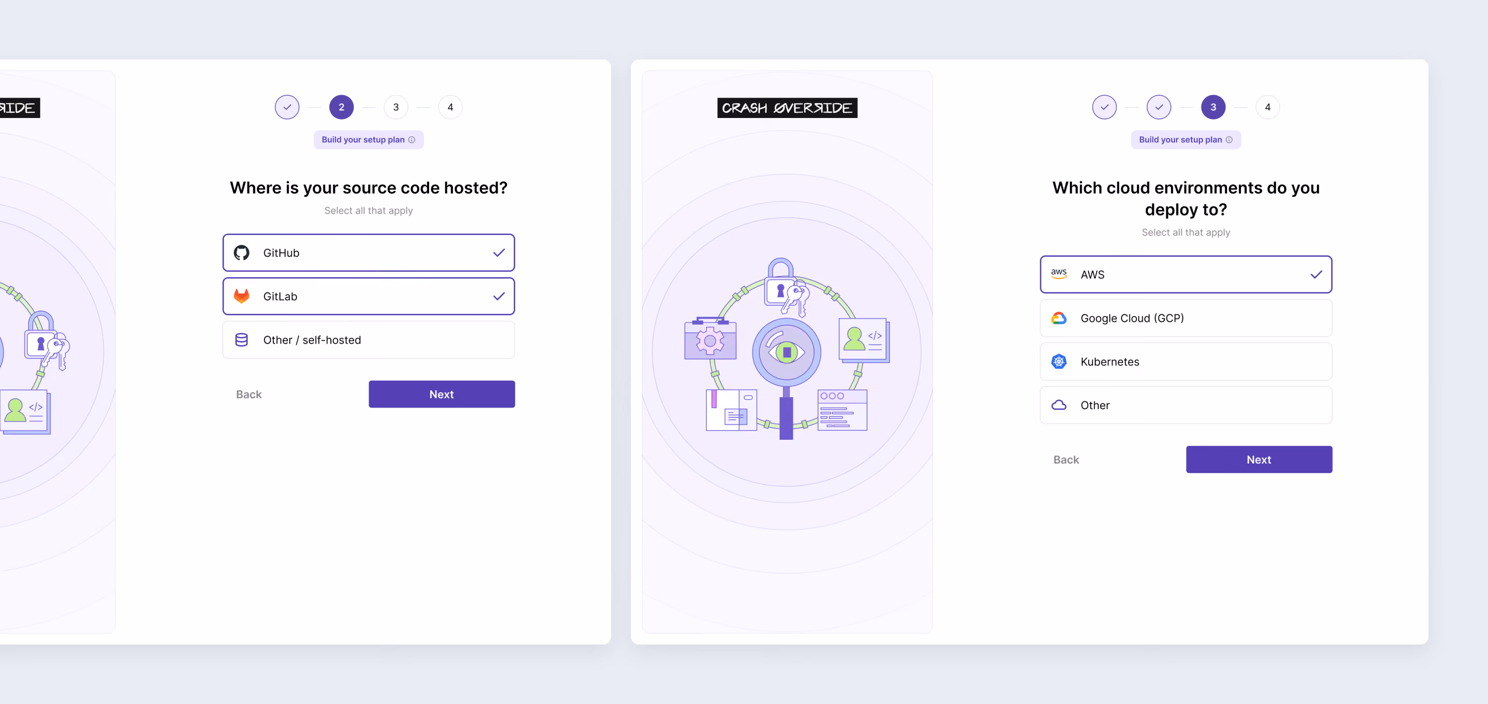 Setup-plan screens showing selected GitHub and GitLab source hosts, plus AWS as the chosen cloud environment.