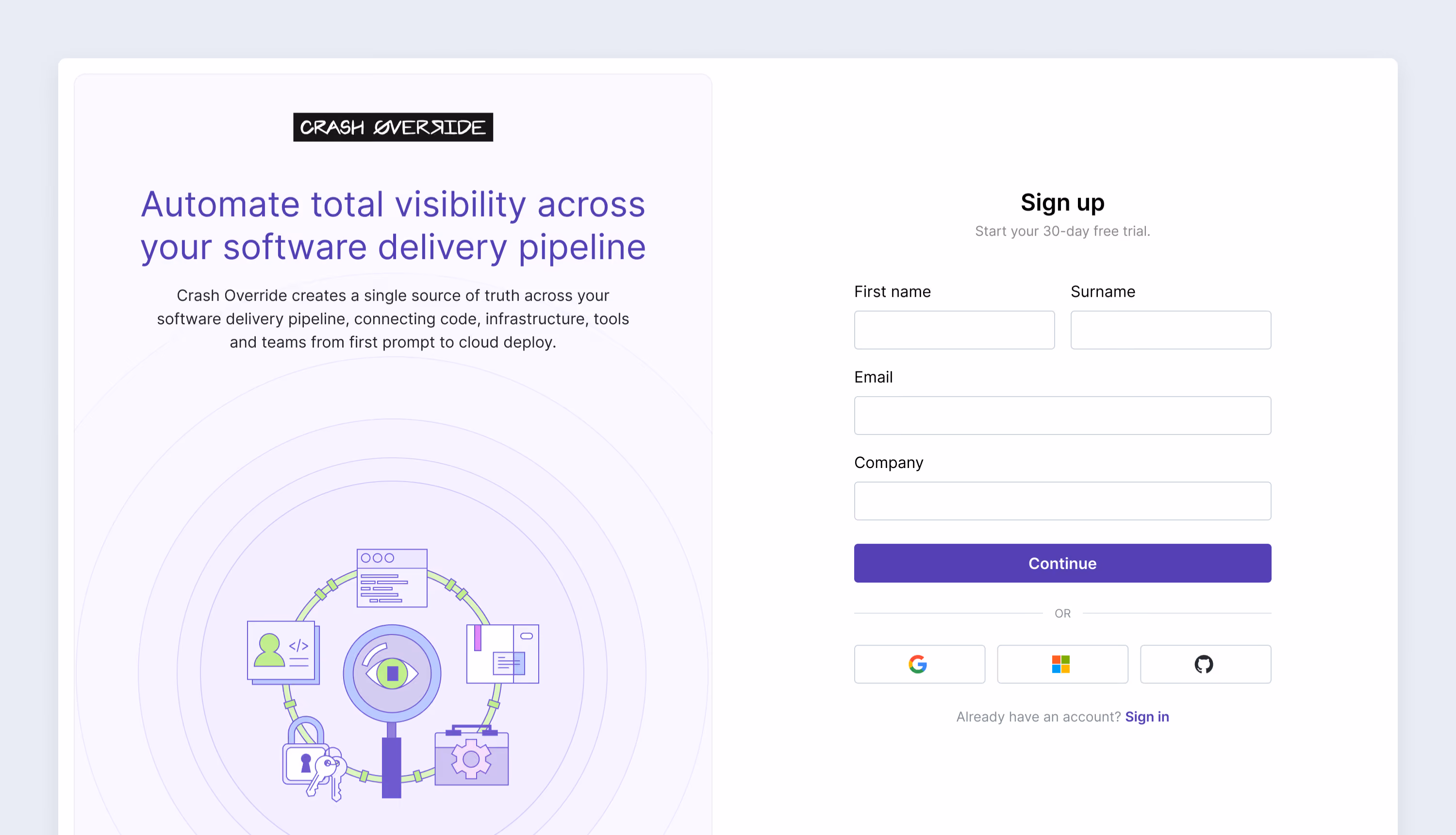 Crash Override sign-up page with trial-registration fields and sign-in options.