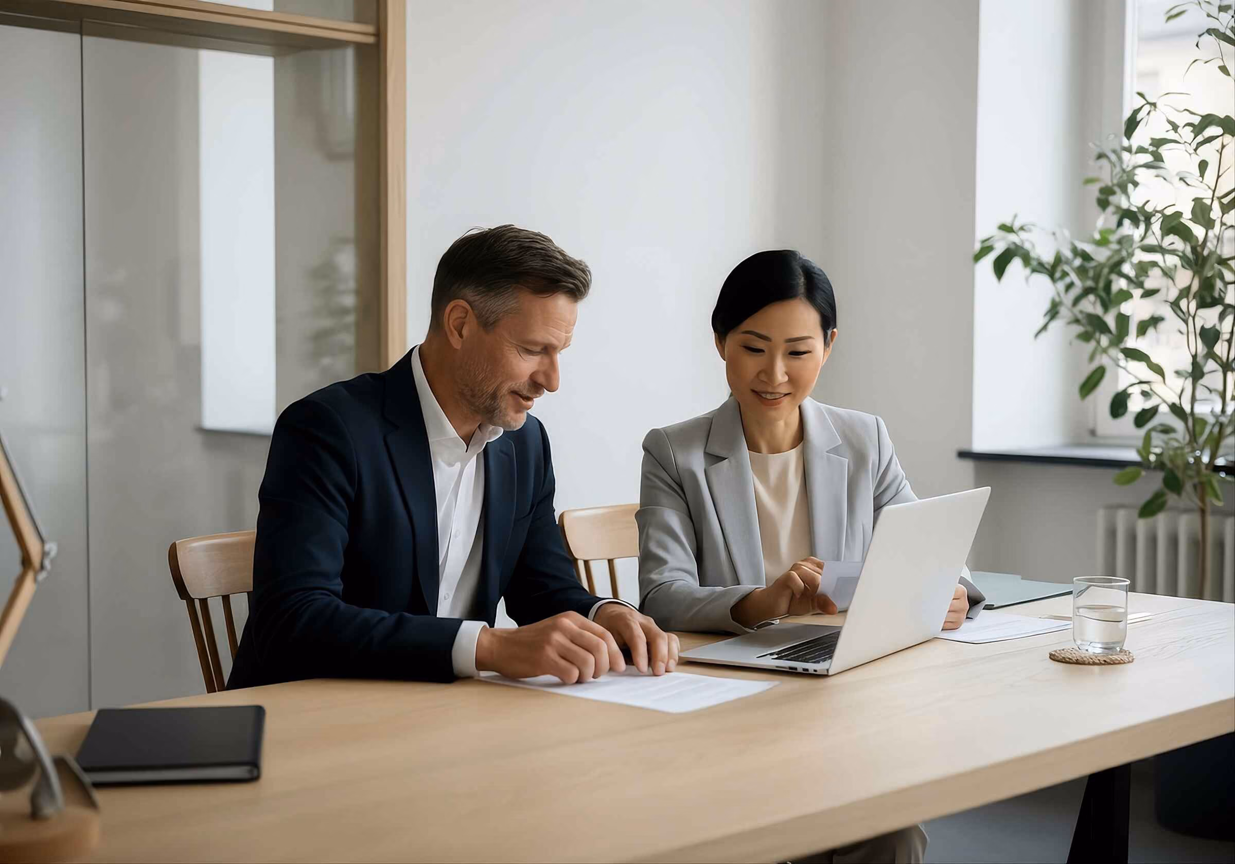 Two senior professionals in a business discussion.