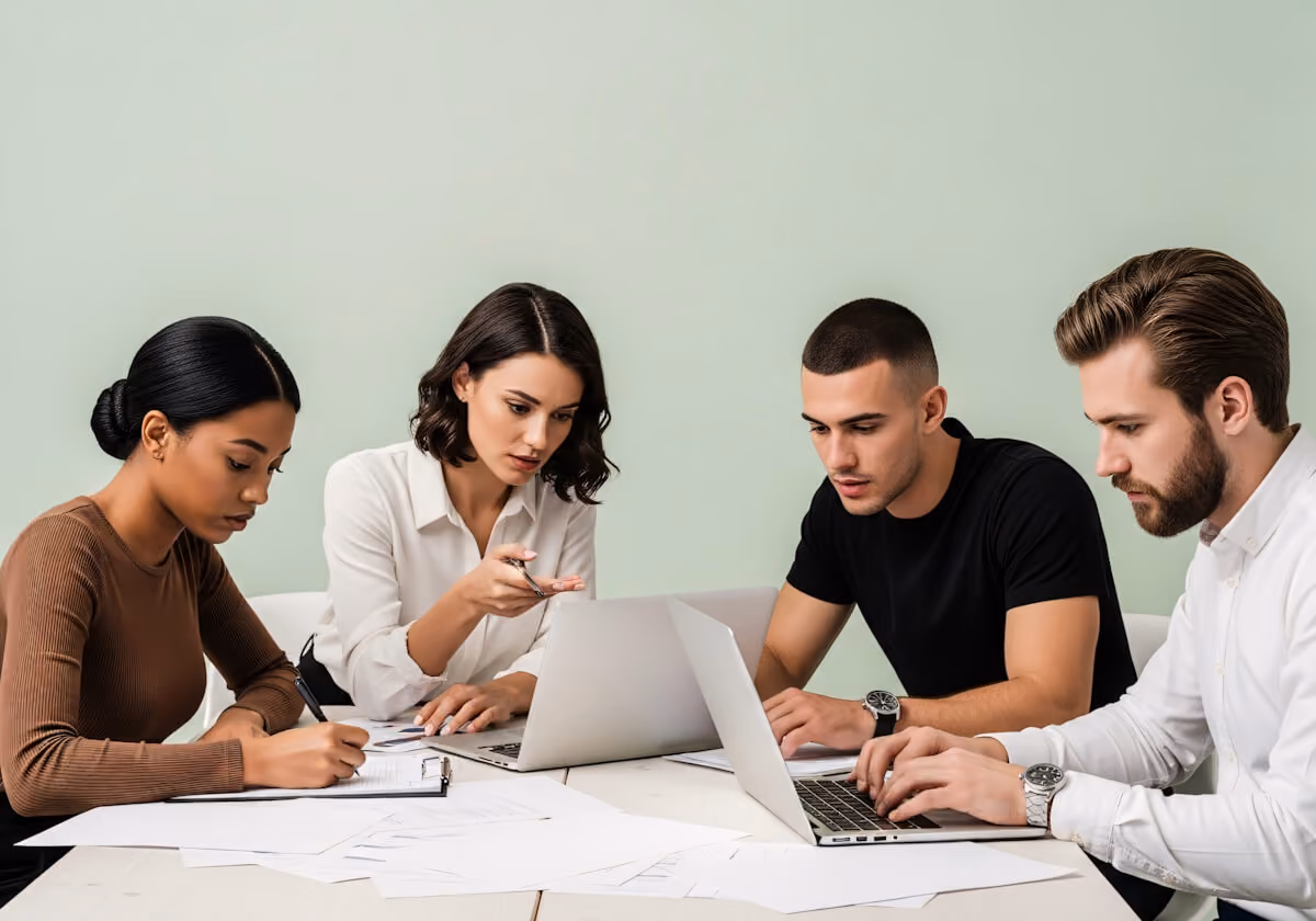 Four-member business team in a meeting.