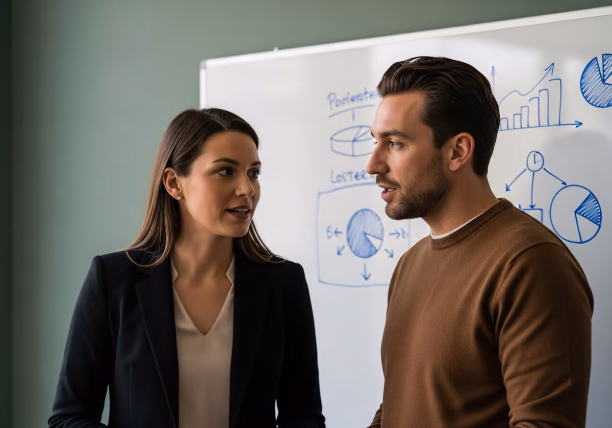 Business employee sharing her thoughts with her boss.