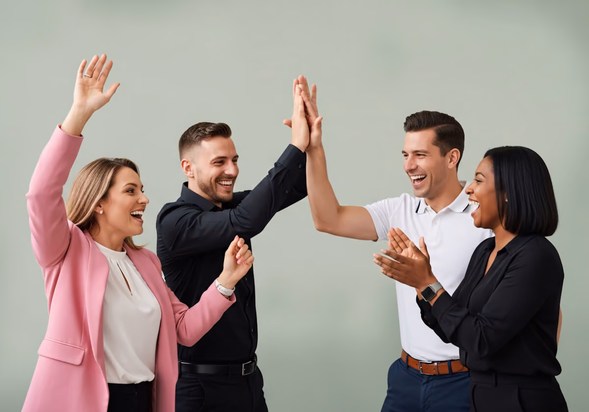 Business team celebrating their success in a warm environment.