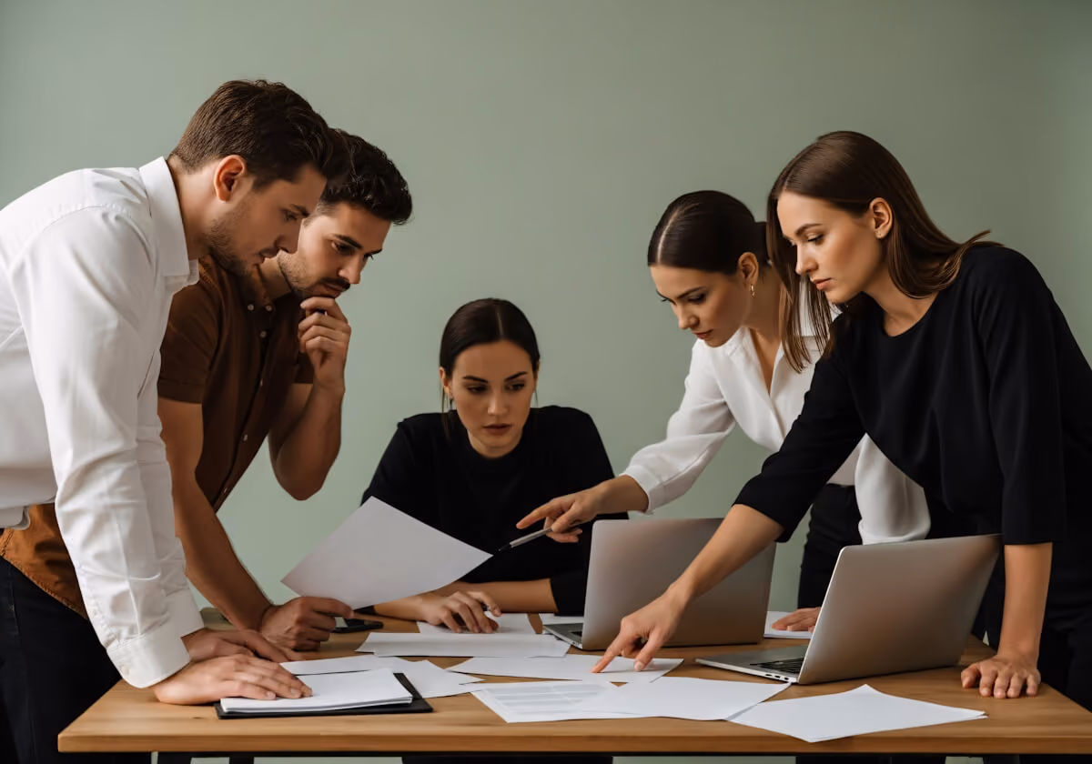 Five team members in a project meeting.