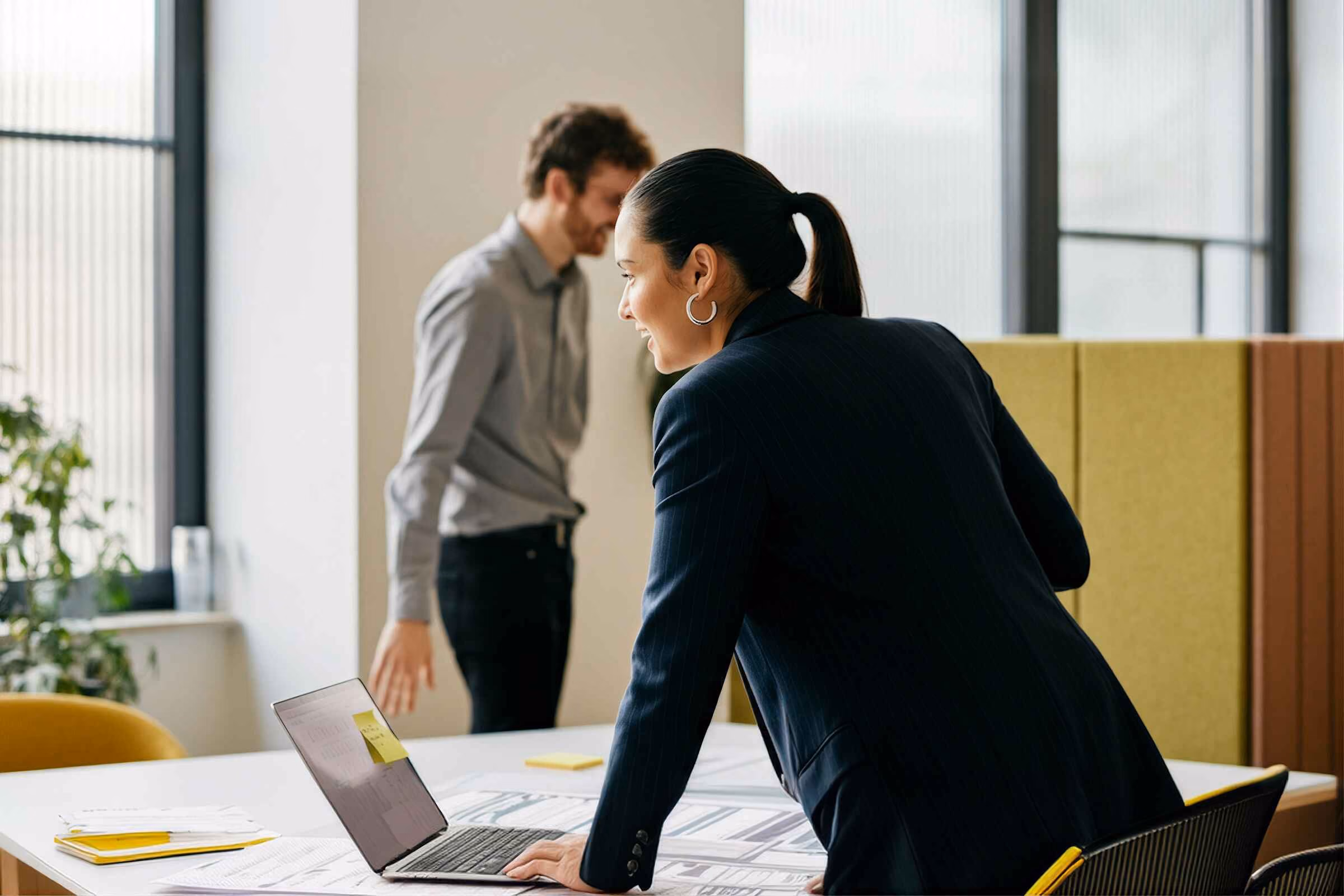 Two team members working together before taking a break.