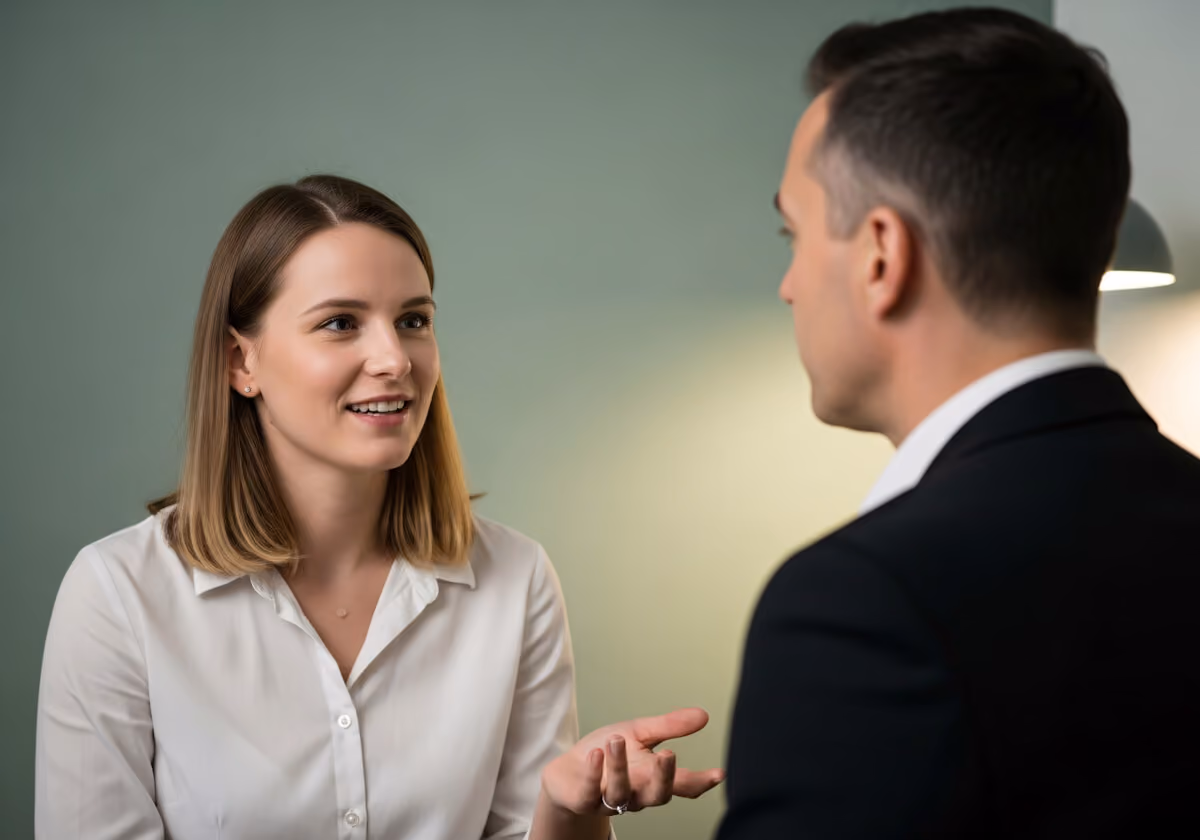 Businesswoman in a white shirt sharing her thoughts with a man.