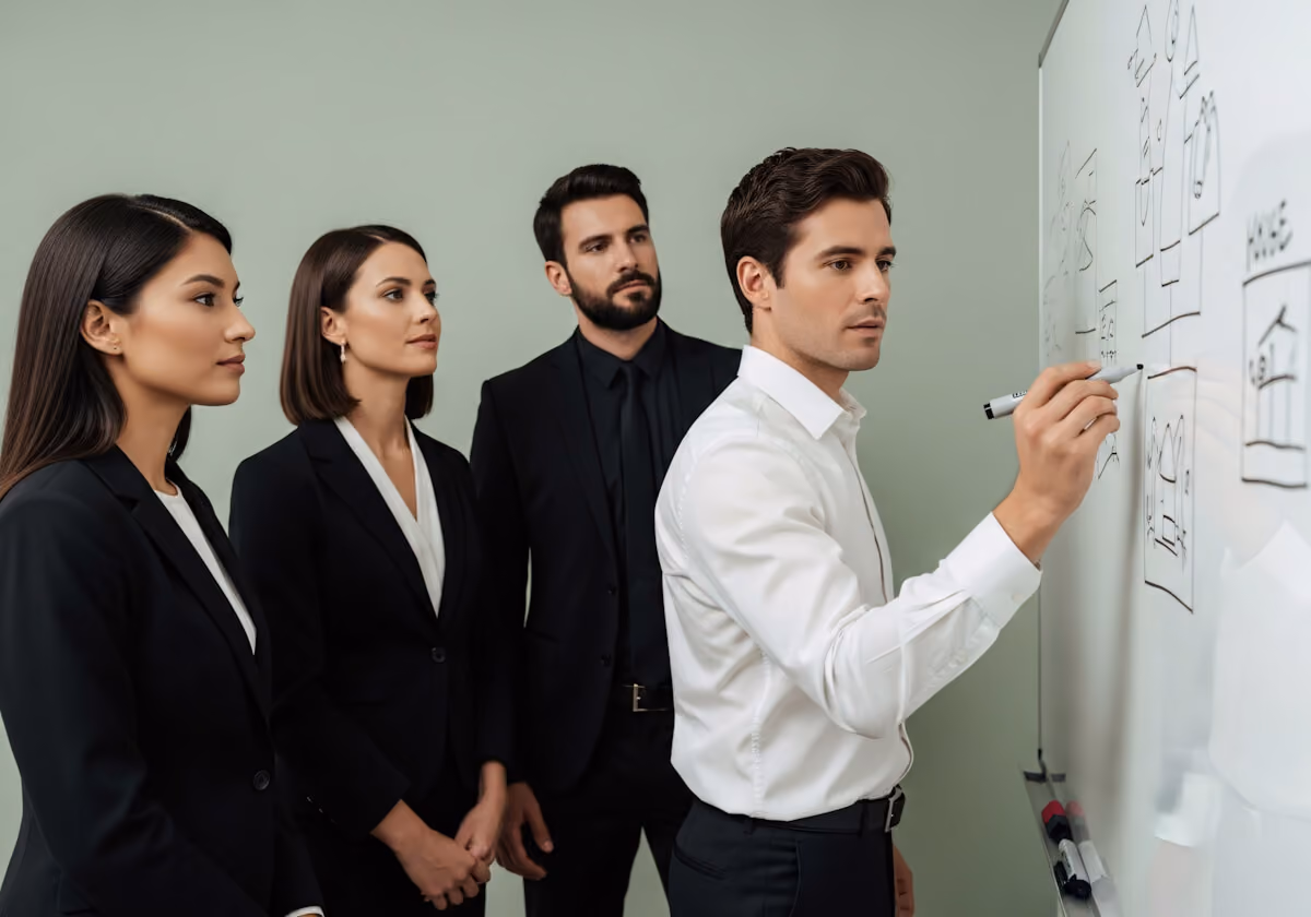 Business coach writing on a board to explain his plan to a teammate.