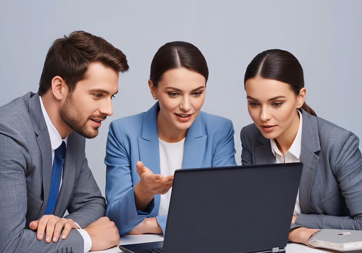 Three business professionals reviewing business data on a laptop screen.
