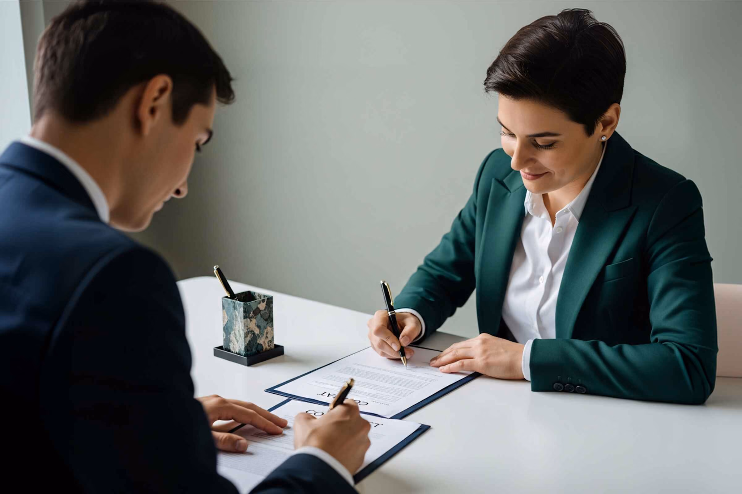 Two team members finalizing a deal.