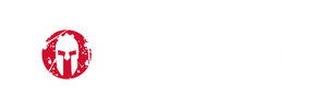 Spartan logo with white capitalized text and a red circular emblem containing a Spartan helmet and shield on a black background.