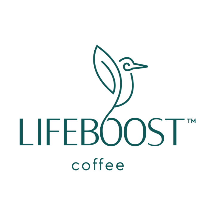 Lifeboost Coffee logo featuring the brand name with a stylized hummingbird integrated as the letter O in Lifeboost.