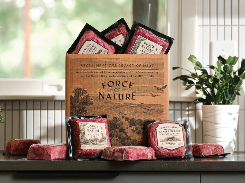 A rustic cardboard box labeled 'Force of Nature' filled with vacuum-sealed packages of ground beef, placed on a kitchen counter with additional beef packages and raw meat patties around it, with a small potted plant and window in the background.