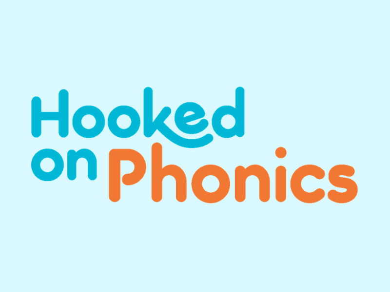 The text 'Hooked on Phonics' with 'Hooked on' in blue and 'Phonics' in orange on a light blue background.