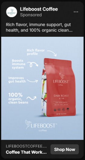 Lifeboost Coffee Facebook ad showing a red bag of Lifeboost Dark Roast Beans against a light blue background with white text highlighting benefits: rich flavor profile, boosts immune system, improves gut health, and 100% organic, clean beans. The Lifeboost Coffee logo appears below the bag. A 'Shop Now' button is in the bottom right corner.