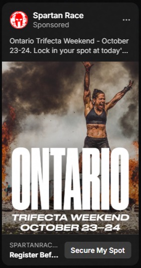 A muscular woman in athletic gear raising her arms in triumph amidst smoke and fire during an intense obstacle race, with large text saying Ontario Trifecta Weekend October 23-24.