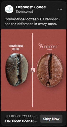Advertisement comparing a single conventional coffee bean on the left and a Lifeboost coffee bean on the right against a red background, showing visible differences in color and texture.