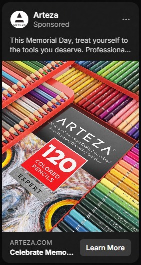 Open box of Arteza Expert colored pencils containing 120 pencils arranged by color, along with part of a color drawing underneath.