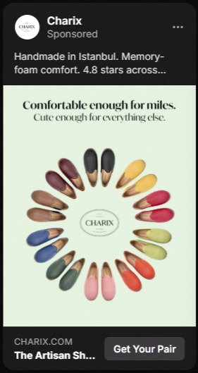 Advertisement for Charix shoes showing 18 pairs of women’s loafers arranged in a circle in various colors including shades of brown, black, yellow, red, blue, green, grey, and pink around the Charix logo, with text reading Comfortable enough for miles. Cute enough for everything else.