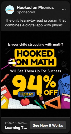 Ad for Hooked on Math showing a 94% off discount today with bright yellow text and colorful school supplies like pencils, crayons, an apple, and a backpack on a black background.
