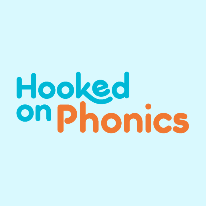 The phrase 'Hooked on Phonics' in a playful font with 'Hooked on' in blue and 'Phonics' in orange on a light blue background.