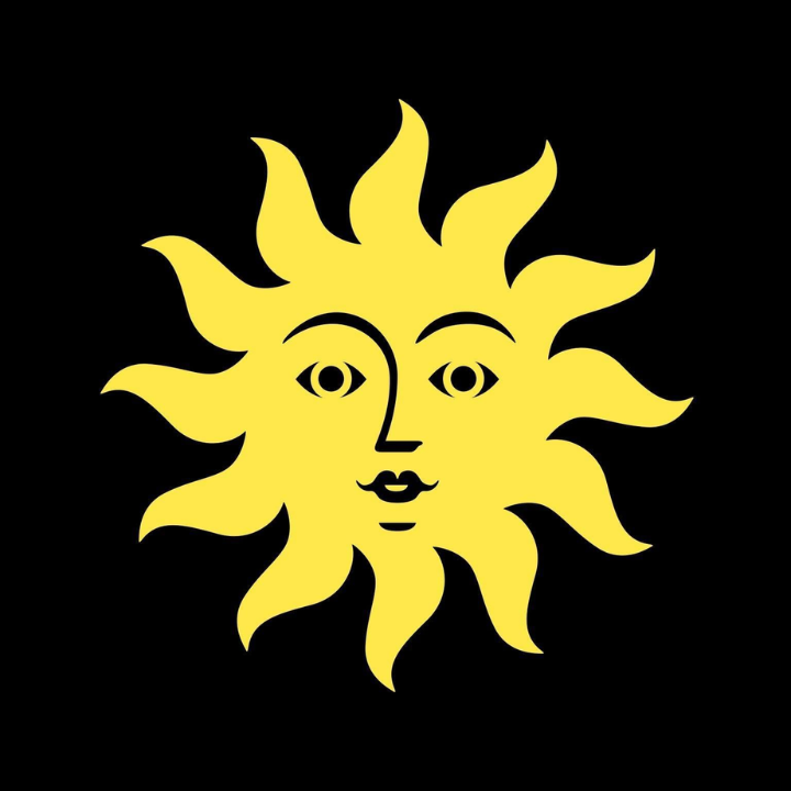 Yellow stylized sun with wavy rays and a human face on a black background.