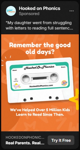Advertisement for Hooked on Phonics featuring a white audio cassette tape illustration with text 'Remember the good old days?' above the tape and 'We've Helped Over 5 Million Kids Learn to Read Since Then.' below it, on an orange background with subtle letters.