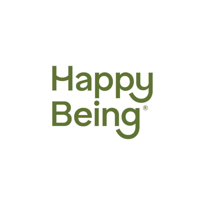 Happy Being brand logo in olive green text on white background.