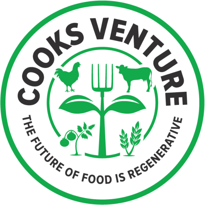 Logo of Cooks Venture featuring a green circular design with a central plant sprout shaped like a pitchfork, surrounded by icons of a chicken, a cow, a tomato plant, and wheat, with the text 'Cooks Venture' at the top and 'The Future of Food is Regenerative' at the bottom.