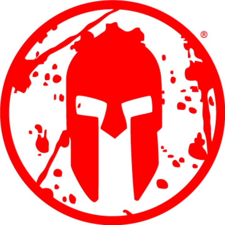Red Spartan helmet silhouette inside a red circle with scattered paint splatter marks around it.