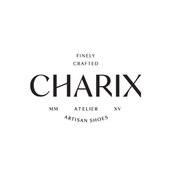 Logo with text reading 'FINELY CRAFTED CHARIX MM ATELIER XV ARTISAN SHOES' arranged with 'CHARIX' in large letters and other words around it.