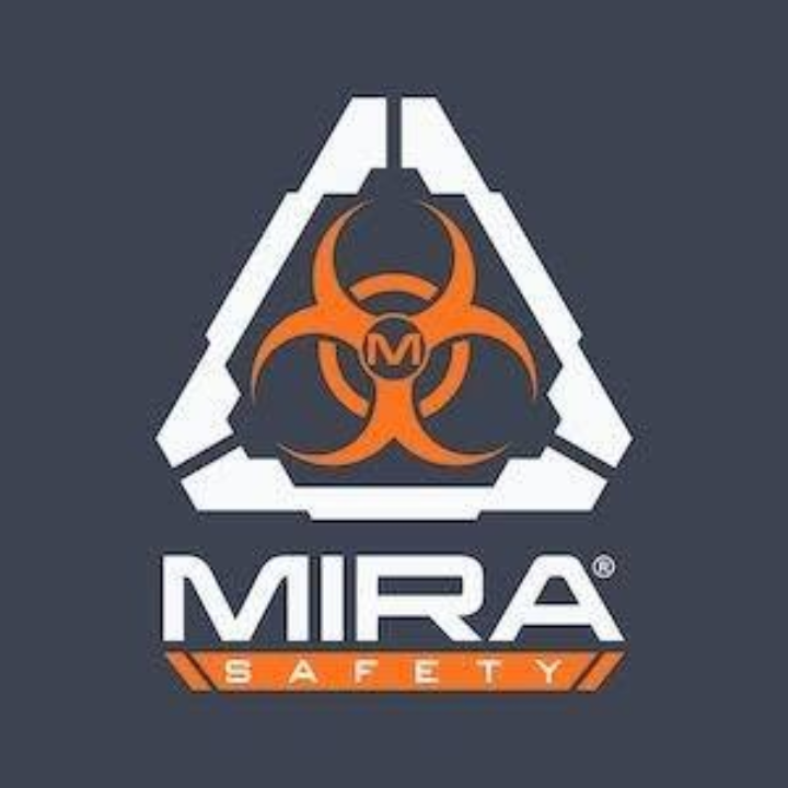 MIRA Safety logo featuring an orange biohazard symbol with a letter M in the center, enclosed in a white triangular frame, with the text MIRA in white and SAFETY in orange below it on a dark background.