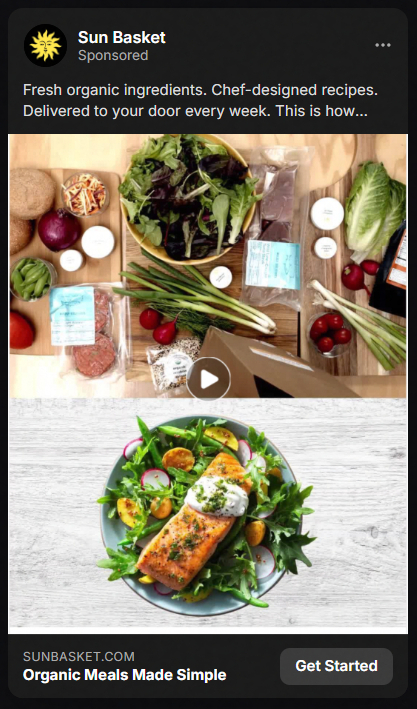 Two-part Sun Basket ad showing fresh organic ingredients including greens, scallions, cherry tomatoes, ground meat, and herbs on a wooden surface above, and a plated cooked salmon fillet served over mixed greens and sliced radishes on a light wooden table below.