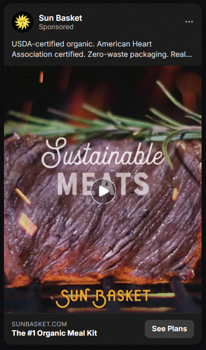 Grilled steak with rosemary on top and text overlay saying 'Sustainable Meats' and 'Sun Basket', advertising the #1 organic meal kit.