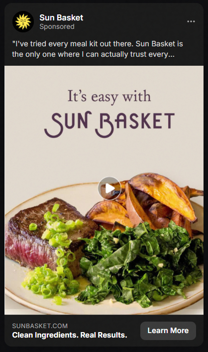 Close-up of a meal with cooked steak topped with chopped green onions, sautéed leafy greens, and roasted sweet potato wedges on a beige plate with text above reading 'It's easy with Sun Basket.'