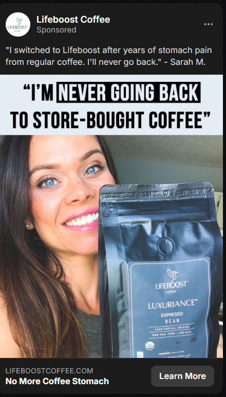 Smiling woman with long dark hair holding a black package of Lifeboost Coffee Luxuriance Espresso Bean, with text above stating 'I'm never going back to store-bought coffee.'