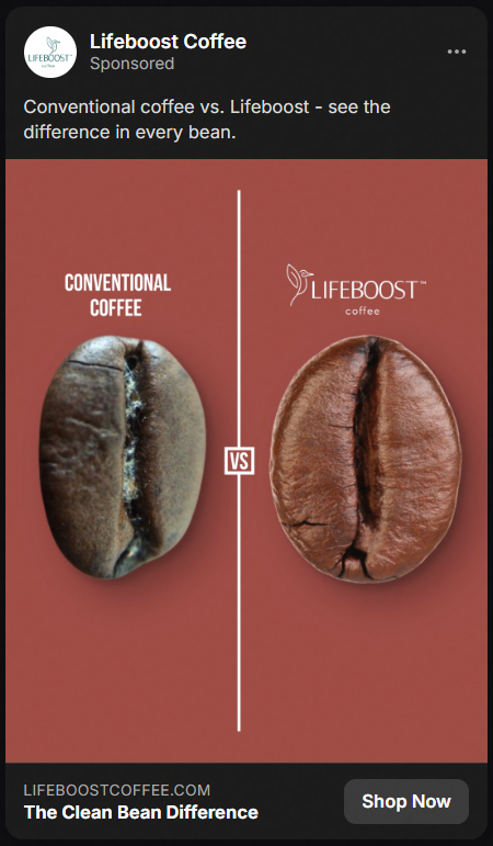 Side-by-side comparison of two coffee beans on a reddish background, labeled Conventional Coffee on the left with a darker, less smooth bean, and Lifeboost Coffee on the right with a lighter, smoother bean, separated by a vertical line with 'VS' in the center.