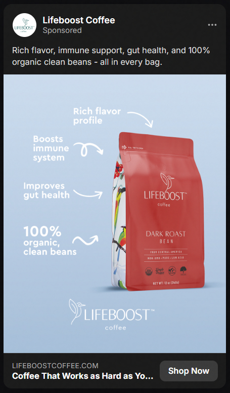 Red bag of Lifeboost Coffee Dark Roast Bean on a light blue background with text highlighting rich flavor profile, boosts immune system, improves gut health, and 100% organic clean beans.