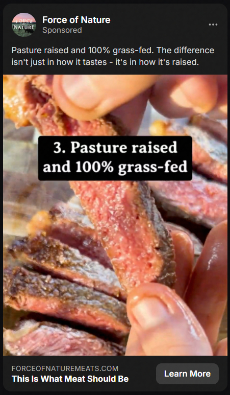 Close-up of hands holding a piece of cooked beef steak showing a medium-rare pink center, with text overlay reading '3. Pasture raised and 100% grass-fed.'