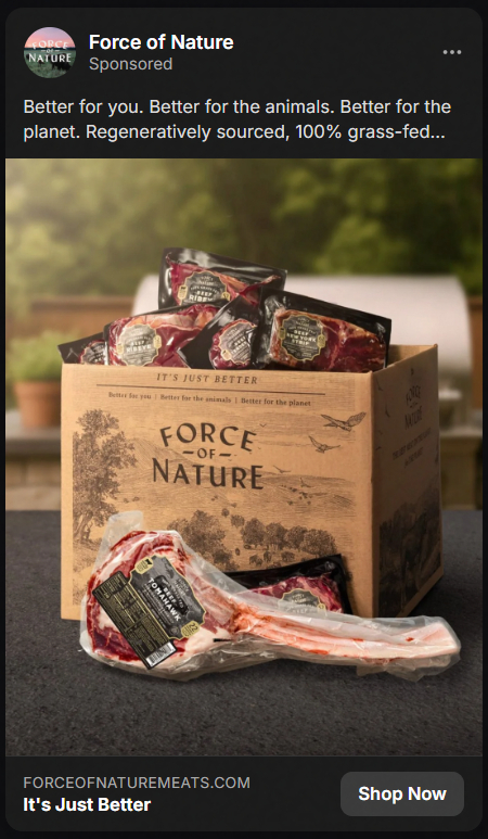Cardboard box labeled Force of Nature filled with packages of meat, with a large vacuum-sealed tomahawk steak resting in front, highlighting regenerative, grass-fed beef.