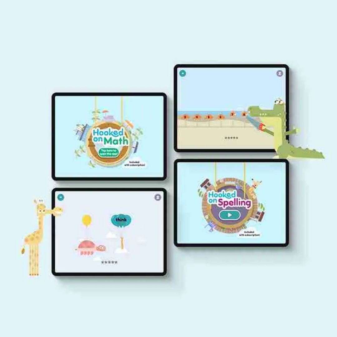 Four tablets display educational game screens on a light blue background: two showing 'Hooked on Math' with animated animal characters, one showing 'Hooked on Spelling' with a play button, and one with a word 'think' and cartoon animals, with a giraffe figure on the left and an alligator figure on the right.