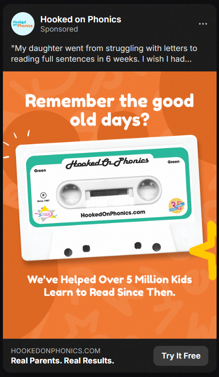 Advertisement for Hooked on Phonics featuring a white cassette tape labeled 'Hooked On Phonics' on an orange background with text: 'Remember the good old days? We've helped over 5 million kids learn to read since then.'