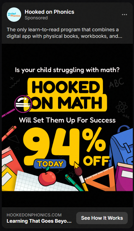 Advertisement for Hooked on Math showing text: 'Is your child struggling with math? Hooked on Math will set them up for success 94% off today' with colorful school supplies like pencils, apple, paintbrush, ruler, and backpack on a black background.
