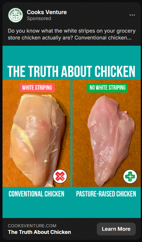 Comparison of two chicken breasts labeled 'The Truth About Chicken': the left shows conventional chicken with white striping and a red cross, the right shows pasture-raised chicken with no white striping and a green checkmark.