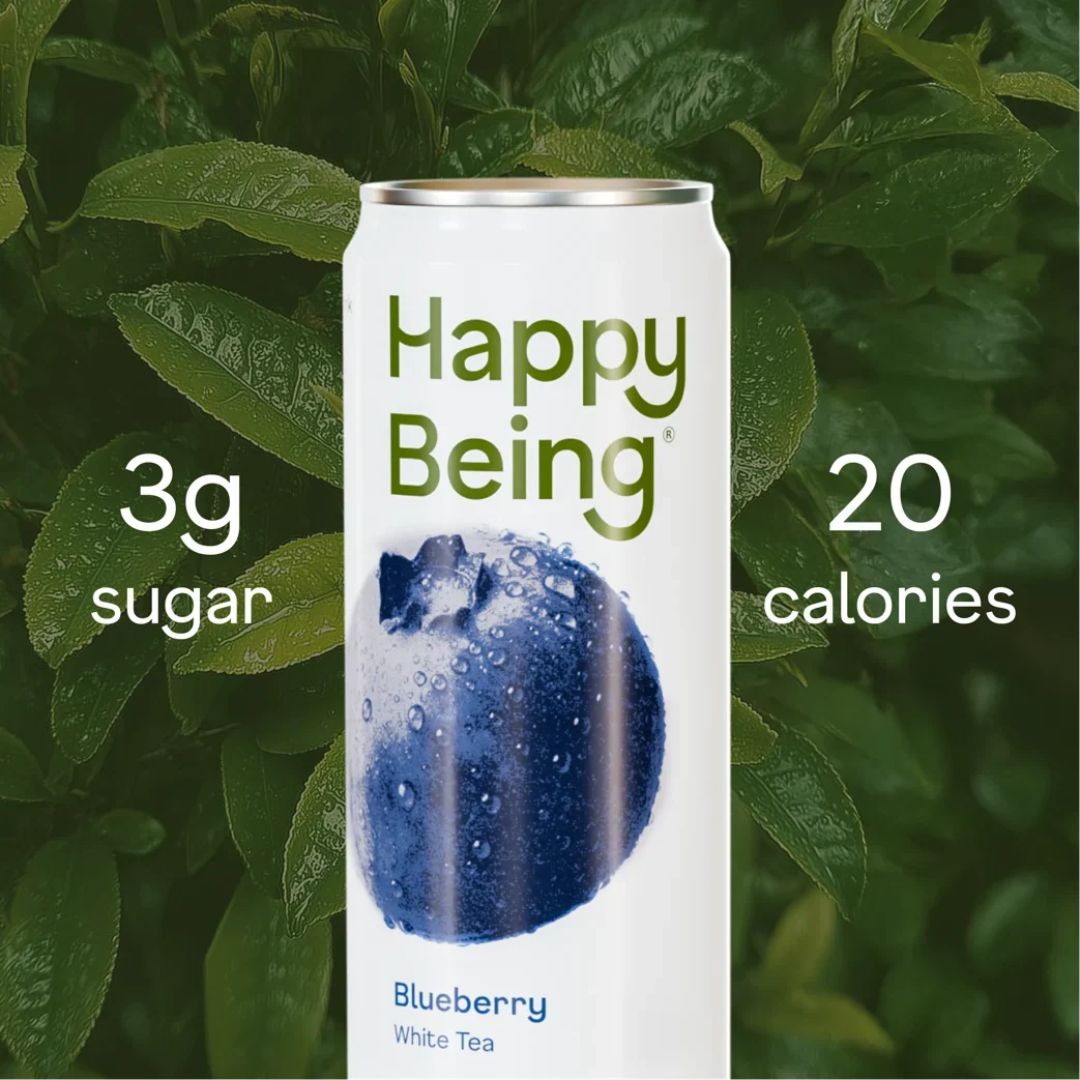 Can of Happy Being Blueberry White Tea with water droplets on a blueberry image, set against green leaves background, showing 3g sugar and 20 calories text.